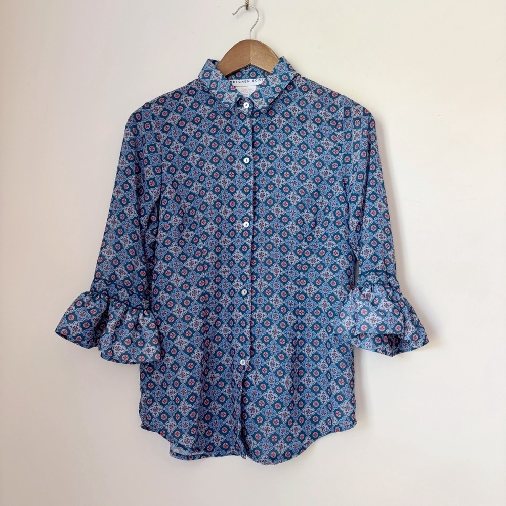 Gretchen Scott Ruffle Sleeve Imari Blue Priss Blouse XS Classic Preppy